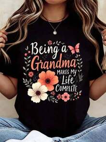 Camiseta 100% algodón con diseño floral y cita de abuela, cuello redondo, estilo casual para mujer, regalo para el Día de la Madre, ropa para abuela. - Negro - Ver 2