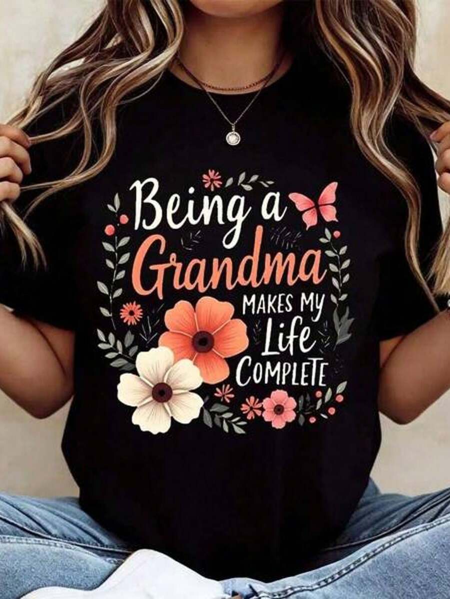 Camiseta 100% algodón con diseño floral y cita de abuela, cuello redondo, estilo casual para mujer, regalo para el Día de la Madre, ropa para abuela.