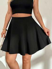 Falda azul de línea A básica, versátil y cómoda para uso diario, de moda para mujer de talla grande en otoño e invierno - Negro - Ver 1