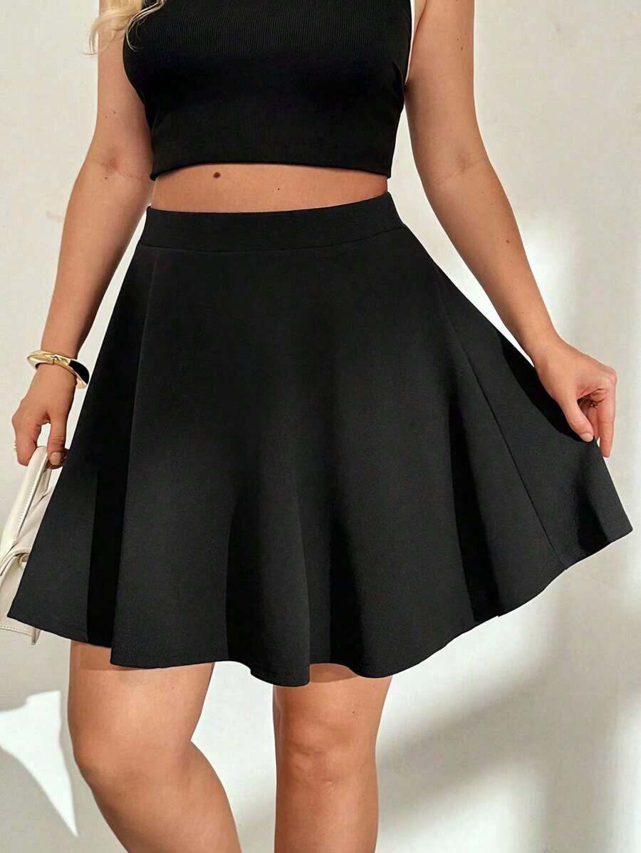 Falda azul de línea A básica, versátil y cómoda para uso diario, de moda para mujer de talla grande en otoño e invierno - Negro - Ver 1