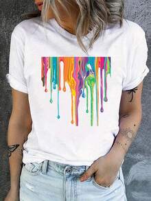 Camiseta Estampada, Top Casual de Manga Corta con Cuello Redondo para Primavera y Verano, Ropa de Mujer - Camiseta Vintage de Estilo Urbano Unisex de Algodón Suelto con Cuello Redondo y Manga Corta - Blanco - Ver 7