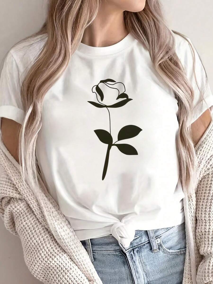 New Women's Loose Fit T-Shirt With Black Rose For Valentine's Day, Versatile Round Neck Short Sleeve For Spring/Summer, Comfortable And Breathable Fabric, Casual Style, Soft And Sporty. - 白色 - 查看 1