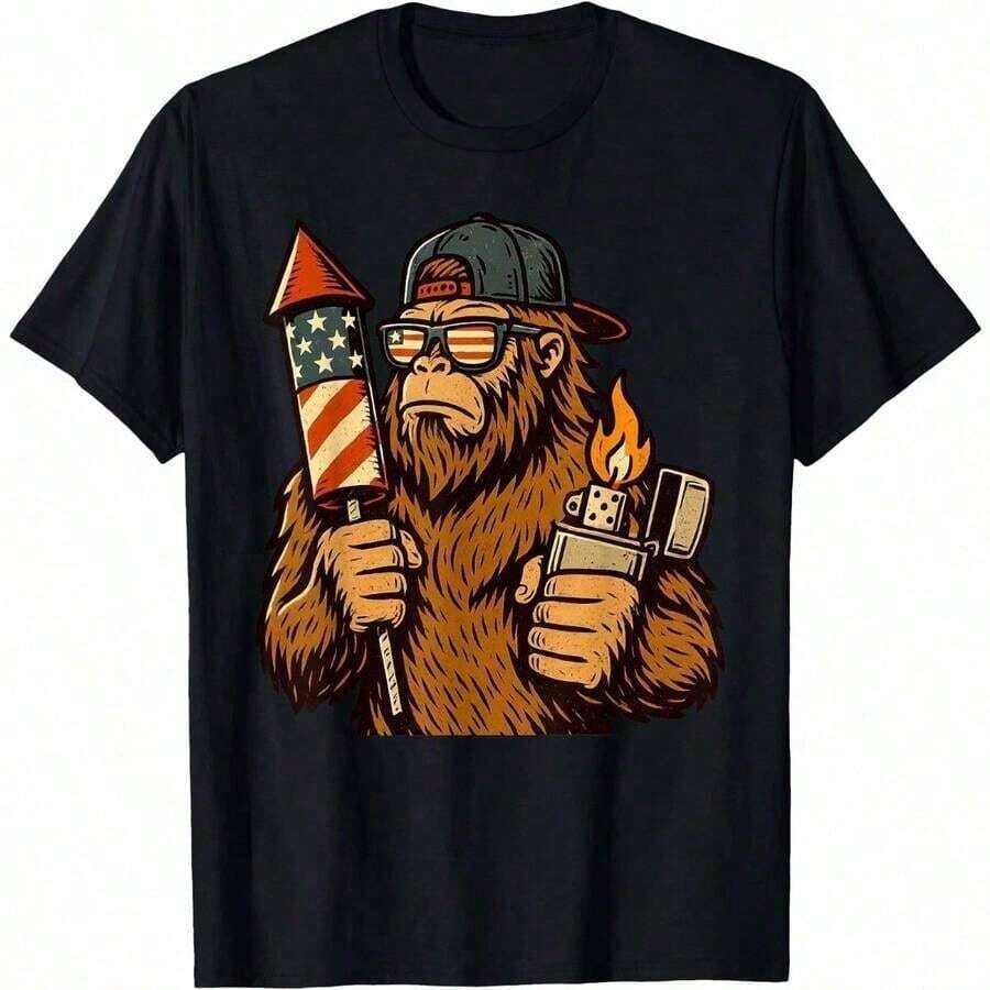 Camiseta Patriótica Divertida con Diseño de Bigfoot e Iluminación de Fuegos Artificiales para el 4 de Julio de EE. UU. PYQZ - Negro - Ver 1