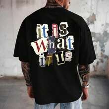 Camisetas Gráficas Oversize para Hombre, Camiseta con Estampado 'Es Lo Que Es', Estilo Vintage Streetwear, Camisetas Holgadas Grunge de Estilo Rapero 8VGP - Negro - Ver 3