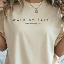 Camiseta 100% Algodón con Versículo Bíblico Cristiano "Caminando por Fe" (Diseño Frontal y Trasero) para Mujer, Holgada y Cómoda, para Verano - amarillo claro - Ver 4