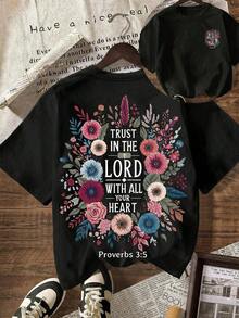 Estilo Y2K, estilo moderno, lo más nuevo de 2026, estilo lindo, estilo casual. Camiseta casual para mujer con estampado floral y de eslogan, verano 180g (tallas S-XXXL). - Negro - Ver 1