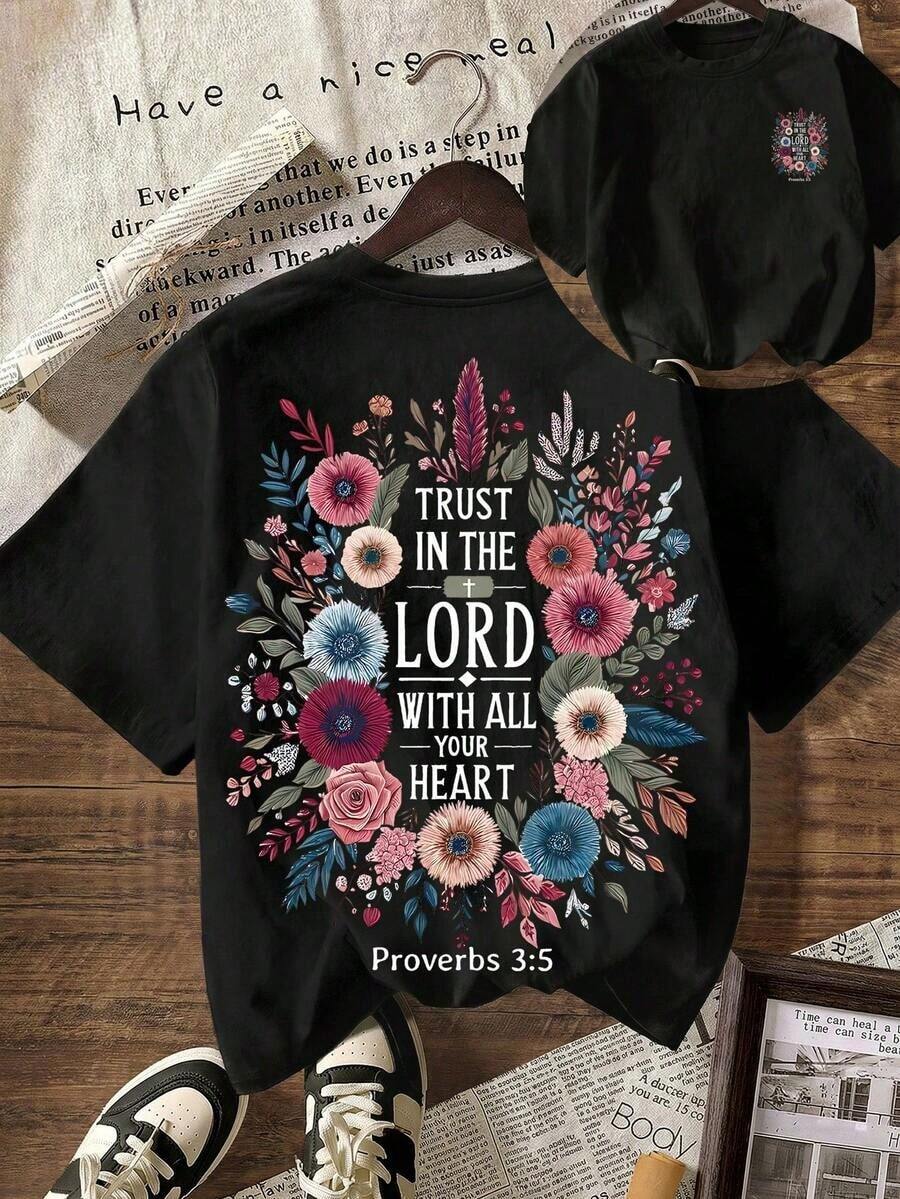 Estilo Y2K, estilo moderno, lo más nuevo de 2026, estilo lindo, estilo casual. Camiseta casual para mujer con estampado floral y de eslogan, verano 180g (tallas S-XXXL). - Negro - Ver 1