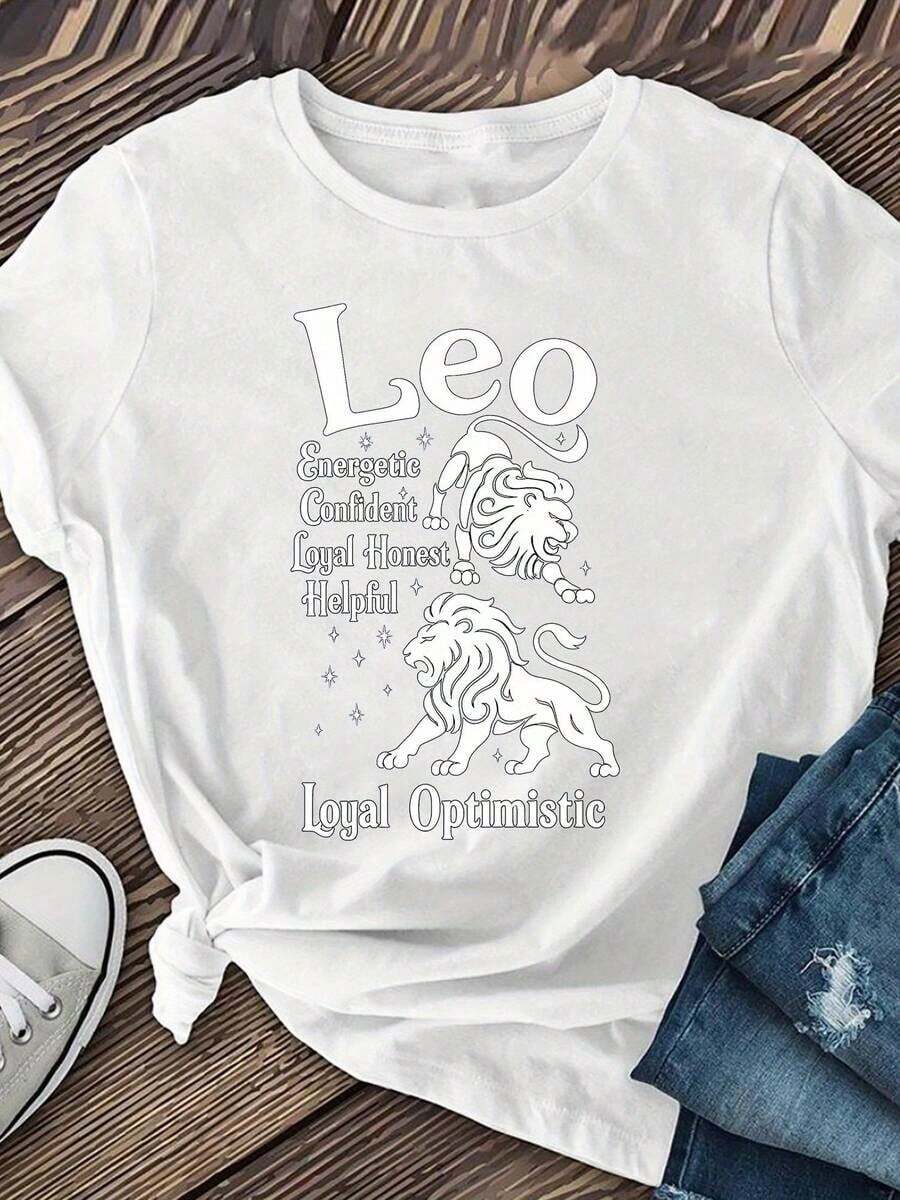 Camiseta Casual para Mujer con Gráfico del Zodíaco Leo - Estampado de León y Estrellas, Manga Corta, Cuello Redondo, Tejido Transpirable de Elasticidad Media, Lavable, para Primavera, Verano y Otoño, Moda de Temporada, Motivo Animal, Ajuste Cómodo, Camiseta Estampada, Camisetas con Gráficos del Zodíaco, Camisetas con Gráficos Occidentales, Ropa para Hombre, Camisas para Hombre, Camisetas Gráficas, Ropa de Mujer, Tops de Verano, Ropa de Verano, Camisetas Gráficas, 100% Algodón, Duradera - Blanco - Ver 1