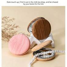Factory Direct Supply! Imitation Wood Grain PU Portable Makeup Mirror, Double-Sided High-Definition Mirror, Premium Quality - A - View 10