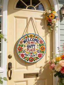 1 pieza Bienvenida a mi lugar feliz colgante de puerta, decoración de pared redonda floral vintage, estilo granja pastoral decoración del hogar, impresión plana 2D no 3D, alternativa de corona para decoración de entrada de jardín porche exterior interior, letrero de puerta principal, estilo rústico campestre, primavera verano patio balcón entrada regalo de inauguración de casa decoración de granja fiesta de vacaciones acento colgante temático decoración de pared placa - Multicolor - Ver 8