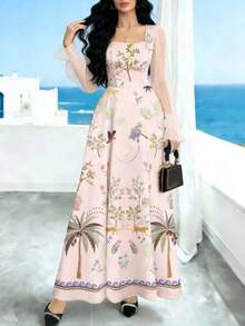YHHModelyn Vestido de manga farol de cuello cuadrado con estampado floral diminuto, vestido largo elegante con cintura ceñida para verano y uso diario, vestido floral negroYHH - Multicolor 5 - Ver 3