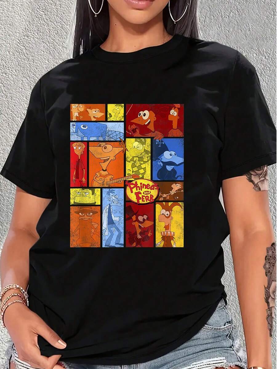 Ilustración colorida que celebra la creatividad y la amistad con personajes animados que inspiran la imaginación y la alegría diaria camiseta de mujer cómoda adecuada para uso casual y juvenil - Negro - Ver 1