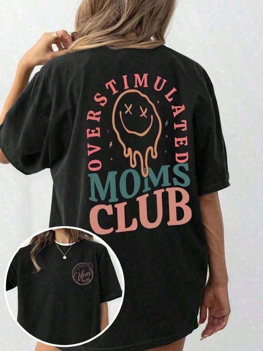 Valentine's Day Outfits For Women, Summer Tops For Women, "Mom Club" Graphic Design, Round Neck, Short Sleeves, Simple And Casual Style For Everyday Wear, Black, Plus Sizes, Women's Tops, "Mom's Birthday" Graphic Design, Fun Summer Clothes For Women, Face And Letter Patterns, Loose And Comfortable Summer Tops, Benito Bowl Tops. - 黑色 - 查看 1