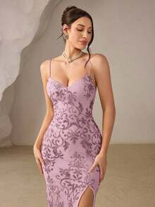 Vestido de noche con abertura alta en el muslo, con lentejuelas y diseño de patchwork, con espalda descubierta y silueta de sirena para mujer - Rosa - Ver 4