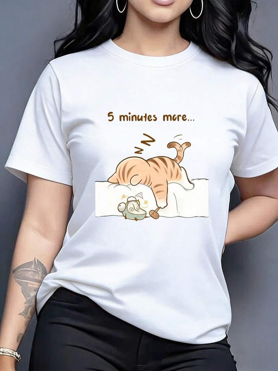 Camiseta para mujer, con estampado de gato dormilón y texto "5 minutes more...", cuello redondo, manga corta - Blanco - Ver 1