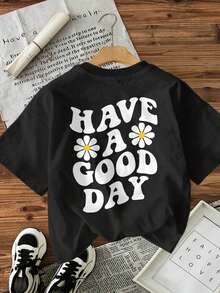Women's Short Sleeve Crew Neck T-Shirt - Vintage Style Double-Sided Floral And Daisy Print "Have A Good Day", Versatile Casual Top For All Seasons, Machine Washable, Vintage T-Shirt, Wear In All Seasons, Breathable Fabric, Loose Fit, Lightweight Design, Fashionable Printed T-Shirt - Unisex Urban Style Vintage Cotton Short Sleeve Crew Neck Blouse For Women. Casual Blouses For Ladies. - 黑色 - 查看 3