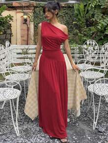 Vestido mujer verano sin mangas cuello oblicuo cintura ajustada estilo europeo elegante moda - Rojo - Ver 6
