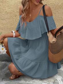 Vestido corto elegante de mujer con cuello en V, volantes, cintura y línea A, con estampado de lunares marrones y hombros descubiertos - Azul - Ver 4