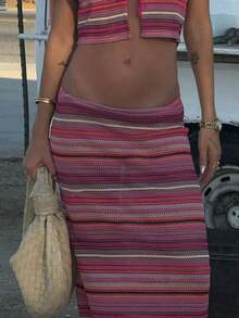 Vellofy 女士夏季度假粉色条纹半身裙，波西米亚风显腰长裙，沙滩派对约会通勤休闲裙 - 粉色 - 查看 11