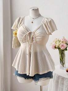 Elegant And Vintage Casual T-Shirt With Square Neck, Ruffled Sleeves, Drawstring And Tie Waist, And Textured Design For Plus-Size Women - Blue - View 10