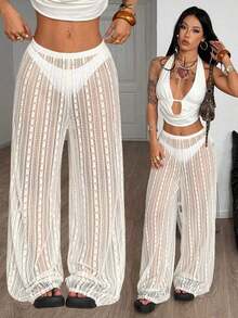 100% Cotton Washed White Trousers, Basic Minimalist Bohemian Style, For Summer Concerts, Outings And The Beach - 貝斯 - 查看 1