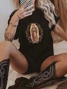 1 Piece Casual Fashion For Men And Women Our Lady Of Guadalupe Virgin Mary Shirt Mother Latin T-Shirt Gift For Catholic Mom, Vintage 90s Y2K Tee - Soft, Breathable Crew Neck Tee, Lightweight & Comfortable Casual Summer Wear, Women's Tops, White Is Versatile, Easy To Match, Suitable For Daily Wear, Street Style, Holiday Outfits And Weekend Wear. - 黑色 - 查看 2