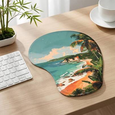1pc [Tropical Beach Oil Painting Style] Wrist Rest Mouse Pad, Non-Slip Desk Pad With Memory Foam Wrist Support. This Wrist Rest Mouse Pad Features A Refreshing Tropical Beach Theme, Creating A Soothing Summer Vibe. The Memory Foam Wrist Rest Contours To The Wrist Curve, Effectively Relieving Wrist Fatigue From Prolonged Office Work Or Studying. The Smooth, Wear-Resistant Surface And Non-Slip Bottom Keep The Pad In Place. The Oil Painting-Like Beach Landscape Easily Elevates The Desktop Style For Office Workers And Students Longing For A Relaxed Atmosphere.