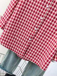 Áo sơ mi nữ dài tay kẻ caro xanh dương, chất liệu polyester, kiểu dáng thường ngày. - Đỏ - Xem 5