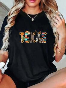 ModaModa 100% Algodón Texas Para Mujer, Cactus Texas Para Niña, Camiseta Texas Yall Casual de Manga Corta, Linda, Estampada - Negro - Ver 1