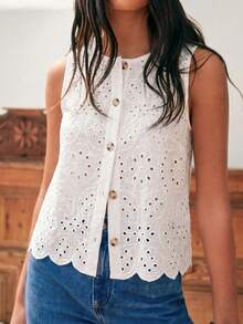 EARO Damen weißes besticktes Cut Out reguläre Länge halbtransparentes Knopf-Camisole, modisch und elegant vielseitig lässig Sommer - Weiss - Übersicht 2