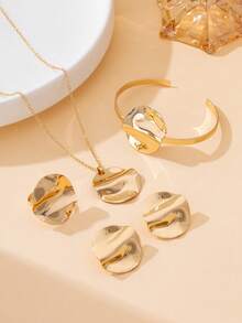 Bộ trang sức nữ đa năng, tối giản, cổ điển gồm 1 bông tai hình học tròn bóng bẩy, 1 dây chuyền, 1 nhẫn và 1 vòng tay. - Vàng - Xem 4