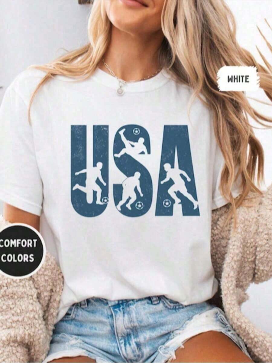 Camiseta de fútbol de EE. UU. de color cómodo_ Camiseta patriótica para aficionados al fútbol mundial_ Regalo para amantes del fútbol _ Conjuntos de verano 2026 para mujer_ Conjuntos de vacaciones para mujer_ Conjunto para concierto country_ Conjunto para concierto para mujer 2026 - Blanco - Ver 1