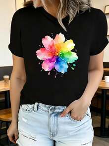 Camiseta de verano para mujer de manga corta con estampado, moderna y casual, lavable a máquina, ajuste cómodo con estampado plano 2D. - Negro_08 - Ver 12