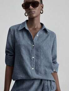 Ontre 2026SS New Summer Women's 2-Piece Set, Woven Fabric, Comfortable Woven Material, Button Design Shirt And Side Tie Waist Skirt, Women's Shirt, Women's Skirt, Independence Day, Urban Chic, Minimalist Fashion Commuter, Wedding Guest Attire, Holiday Outfit, Women's Office Wear, Minimalist Elegant, Teacher's Outfit, Tea Party Casual, Loose Daily Women's Bestseller Solid Color, Back To School Light Vacation Style, Everyday Wear, Fashionable Versatile Women's 2-Piece Set - 藍色 - 查看 3