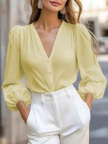 Blusa de mujer de unicolor con cuello en V y manga larga, elegante y esencial para el trayecto de primavera - Amarillo - Ver 7