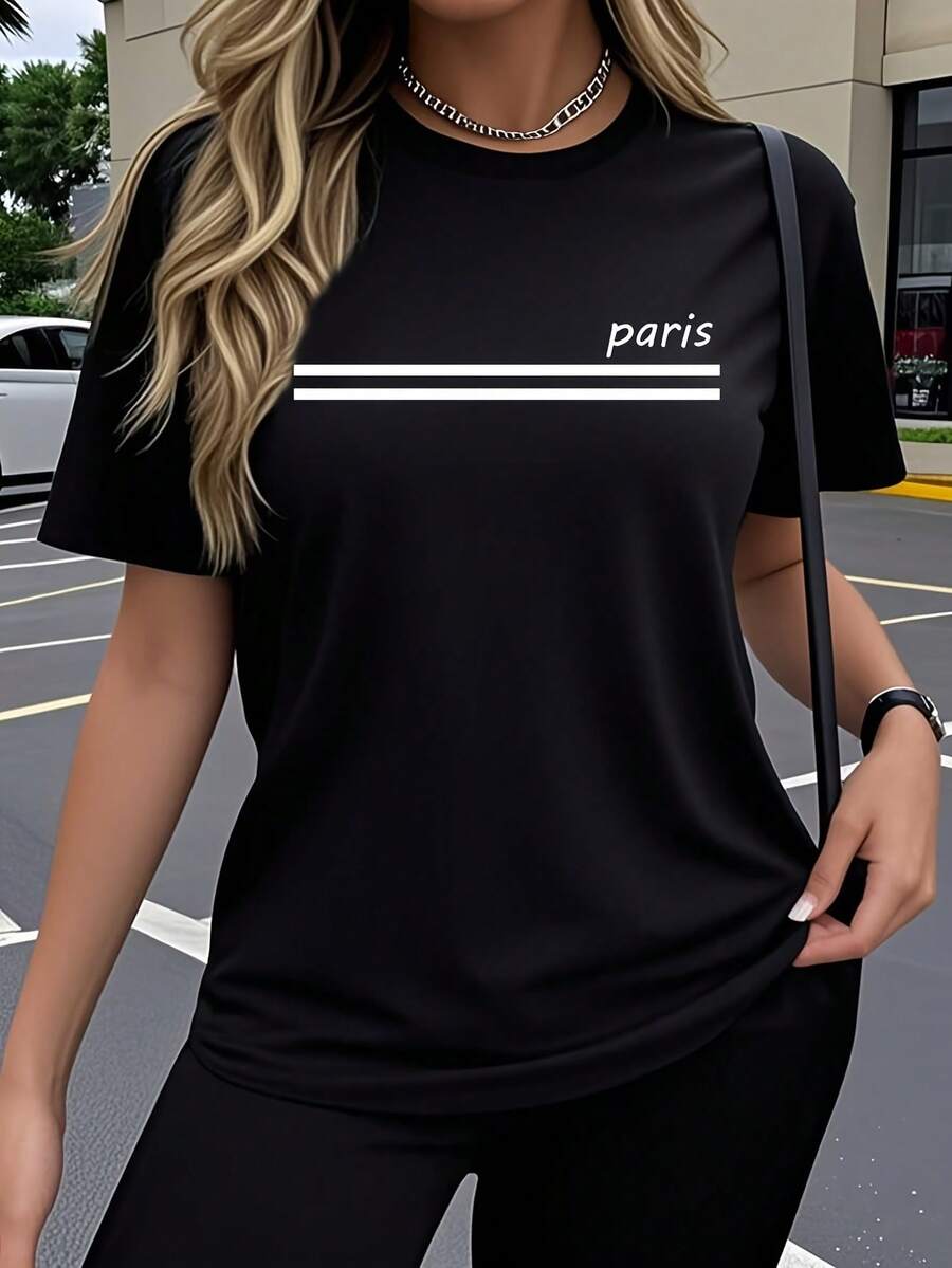 Women's Y2K Style Casual Short-Sleeve T-Shirt, Parisian Artistic Design With Fun Prints, Stretchy Crew Neck Top, Comfortable For Outdoor Wear In Spring And Summer, Loose-Fitting Crew Neck Top, Simple And Elegant, Soft Fabric For Everyday Fashion, Breathable And Comfortable, Fashionable Short-Sleeve Sports T-Shirt, Ideal For Fitness Workouts And Casual Activewear. A Very Distinctive Printed T-Shirt / Unisex Style / Suitable For Both Men And Women / Wrinkle-Resistant / Breathable - 黑色 - 查看 1