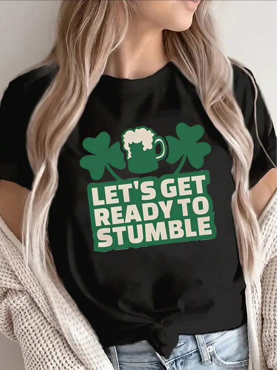 Lightweight Women's Short-Sleeved T-Shirt With A Fun St. Patrick's Day Design That Says "Let's Get Ready To Stumble", Perfect For Parties And Casual Outings, Making It An Ideal Choice For Celebrations At Home Or Outdoors. - 黑色 - 查看 1