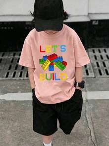 Graphic T-Shirt For Kids, Girls' Clothing, Boys' Clothing. Let's Build A Pattern With Blocks Suitable For Everyday Wear, Street Style, Outings, Home, Holidays, Back To School, Spring And Summer, Children's Day - 粉色 - 查看 1