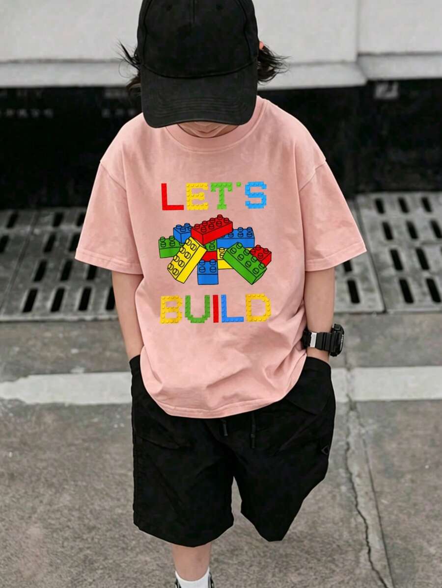 Graphic T-Shirt For Kids, Girls' Clothing, Boys' Clothing. Let's Build A Pattern With Blocks Suitable For Everyday Wear, Street Style, Outings, Home, Holidays, Back To School, Spring And Summer, Children's Day - 粉色 - 查看 1
