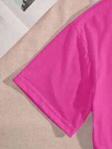 Camiseta de manga corta para mujer, cuello redondo, estampado de letras, casual, versátil, para uso diario, color rojo de verano. - Rosa Fucsia - Ver 3