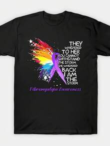 Fibromyalgia Awareness T-Shirt - Inspirational "I Am The Storm" Design With Vibrant Wings - Unisex Relaxed Fit Short Sleeve Crew Neck T-Shirt - Machine Washable For Year-Round Everyday Comfort - Same Design For Both Genders - Summer 2026 Short Sleeve Print - 黑色 - 查看 1