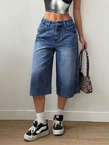 Plus Size Women Navy Washed High Waist Wide Leg Denim Capri Shorts, Elastic Waist Single Button Loose Casual Summer Jeans Shorts - Dark Wash - View 6