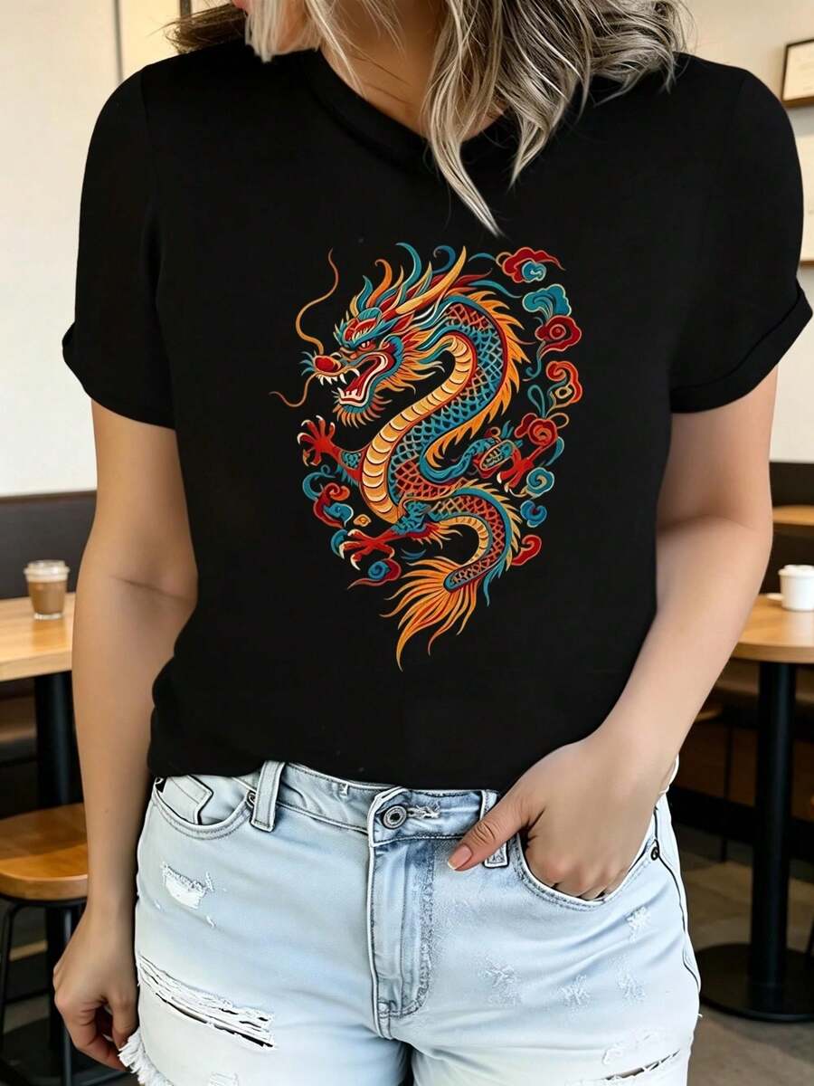 Soft Soft Women's Summer Short Sleeve T-Shirt, Eagle Print, Stylish And Casual, Machine Washable, Comfortable Fit, 2D Flat Print, Women's Blouses, Women's Tops. - 黑色10 - 查看 1