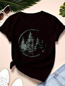 Camiseta Negra Holgada Casual Esencial para Mujer con Estampado de Bosque de Pinos - Camiseta casual de manga corta de corte holgado con diseño de líneas blancas, tela transpirable adecuada para deportes y actividades al aire libre, cómoda para todas las estaciones, estilo inspirado en la naturaleza, duradera para uso diario. Algodón Suave para Uso Diario en Verano. - Negro - Ver 1