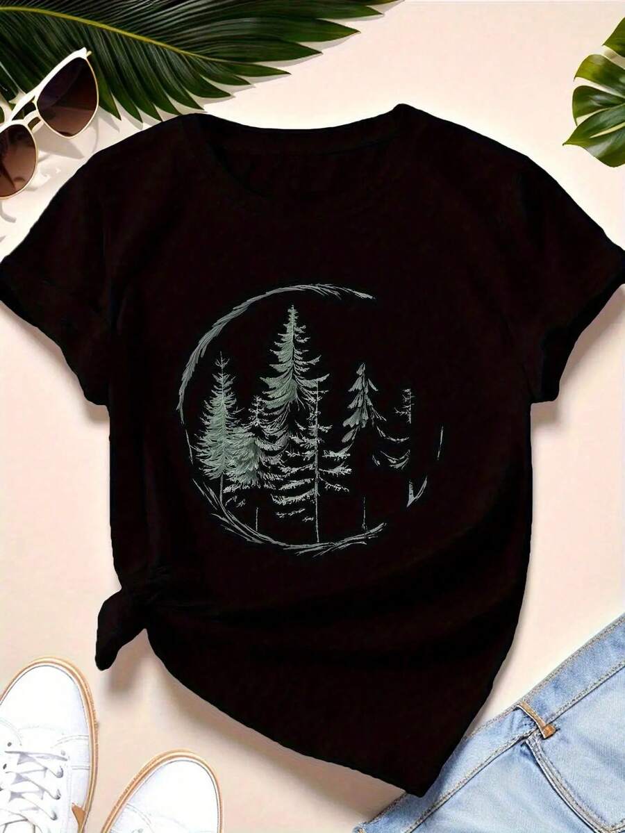 Camiseta Negra Holgada Casual Esencial para Mujer con Estampado de Bosque de Pinos - Camiseta casual de manga corta de corte holgado con diseño de líneas blancas, tela transpirable adecuada para deportes y actividades al aire libre, cómoda para todas las estaciones, estilo inspirado en la naturaleza, duradera para uso diario. Algodón Suave para Uso Diario en Verano. - Negro - Ver 1
