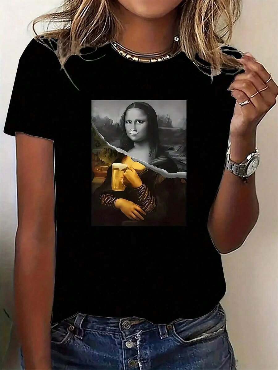 Women's Casual Short Sleeve Crew Neck T-Shirt - Soft Opaque Texture Top Suitable For Summer And Spring, Machine Washable, Casual Outfit, Casual Sets And Layering Pieces, Loose Fit, Casual And Versatile T-Shirt - 黑色 - 查看 1