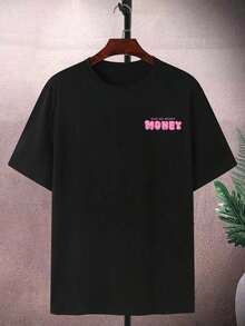 Men's Plus Size Casual Short-Sleeved T-Shirt With Crew Neck And Graphic Letter Print, For Going Out - Black - View 4