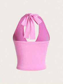 Moderno top sólido con diseño calado, cuello halter y escote en V para mujer - Rosa - Ver 2
