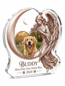 1 pieza Decoración conmemorativa de mascota personalizada de acrílico, placa conmemorativa de mascota personalizada con foto y texto personalizables, decoración conmemorativa de nombre y fecha de mascota personalizable. Adopta diseño plano 2D de ángel abrazando la luna, artesanía en relieve degradado dorado rosa y marco con forma de corazón. - Ángel 1 - Ver 11