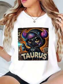 Casual Wear Unisex T-Shirt With Graphic Design Of The Taurus Zodiac Cartoon Character And Graffiti Design, Round Neck T-Shirt For Casual Wear, Parties And Daily Outfits, Stylish Clothing For All Four Seasons, Daily Leisure Wear, Gift For Family And Friends, Bohemian T-Shirt, Blouses For Women>Shirt - 白色 - 查看 7